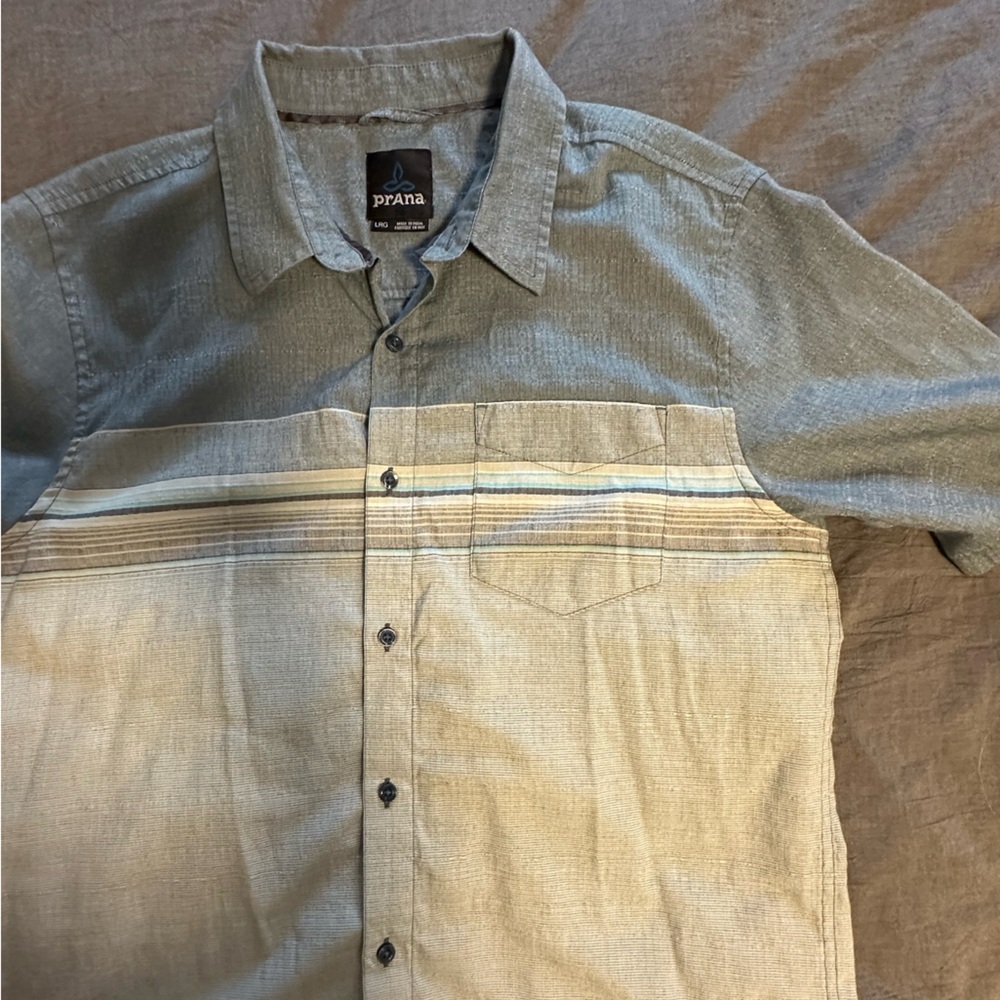 prAna Shirt Men Large Blue ColorBlock Striped Camp Hike Outdoor Short Sleeve - Picture 3 of 7
